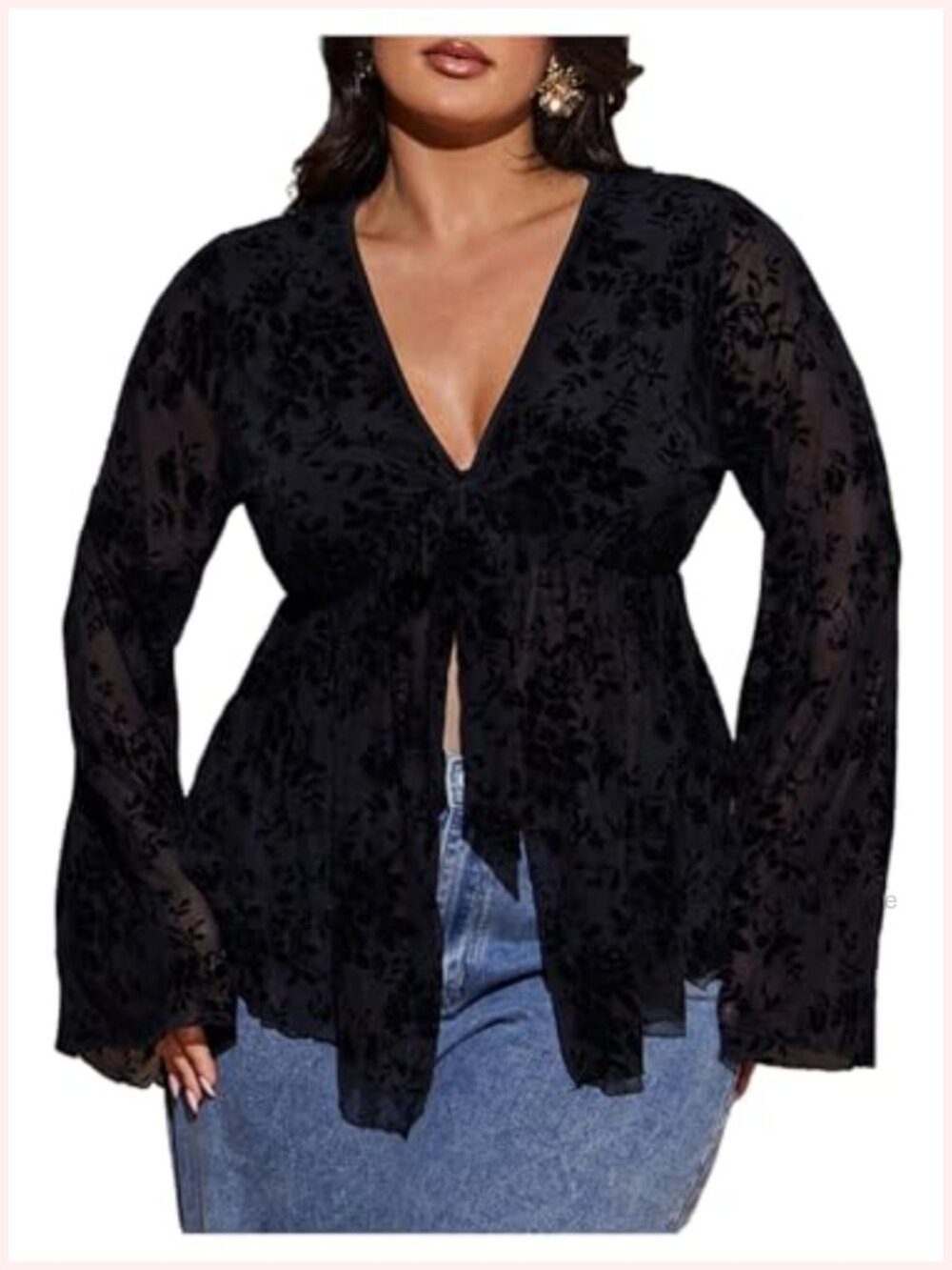 Plus Size Boho Bell Sleeve Peplum Floral Mesh Blouse V-Neck Oversized Top